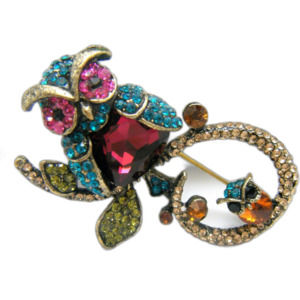 Vintage Owl Mommy Baby Brooch Rhinestones Gold Tone